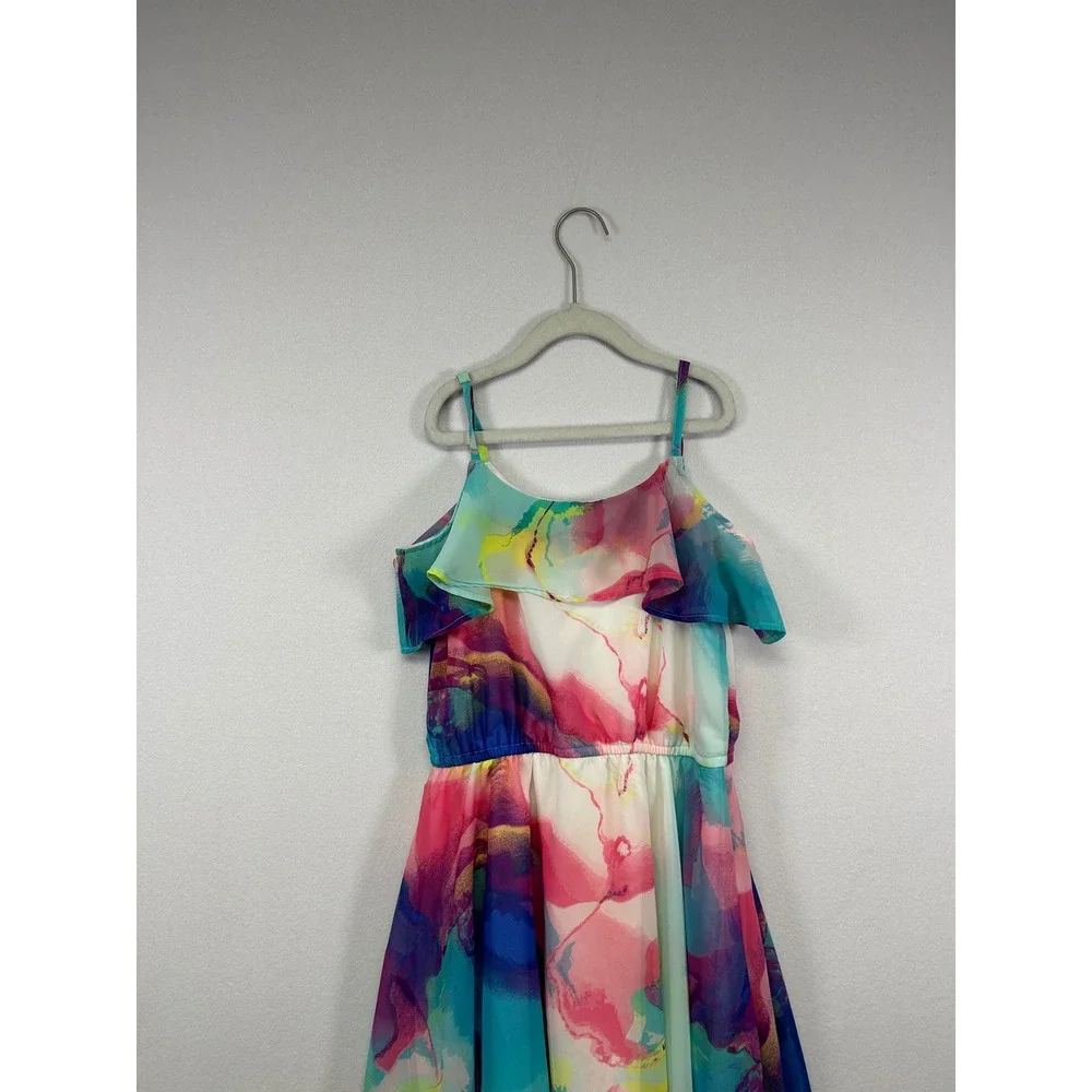 Boho Watercolor The Childrens Place Girls 10/12 Multi Ruffle High-Low Dress - Picture 8 of 10